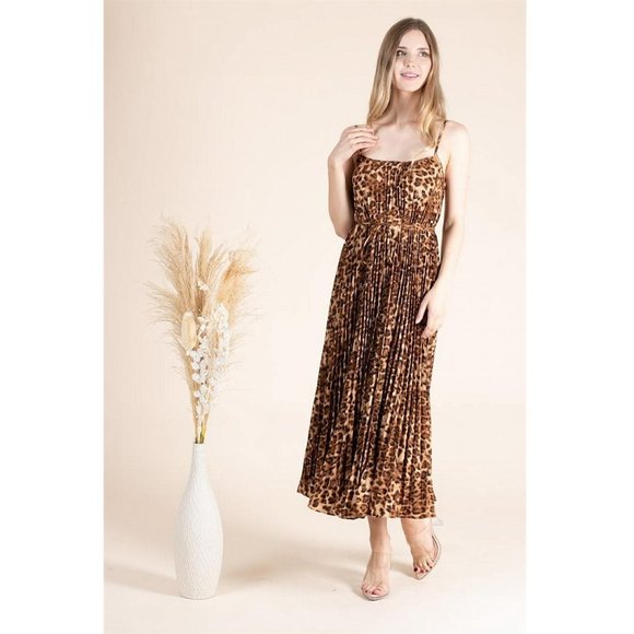 Spaghetti Strap Leopard Print Pleated Maxi - Picture 3 of 8